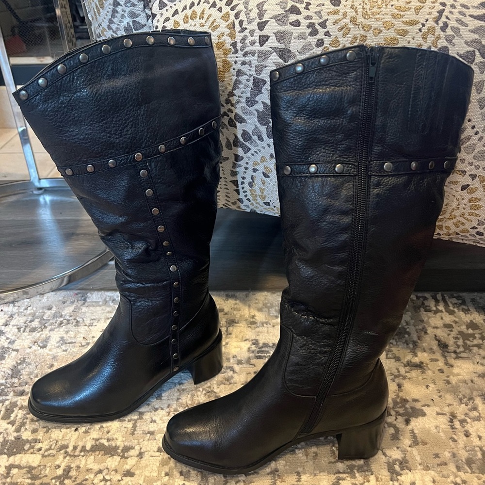 Women’s Fitzwell Black Tumbled Napa Leather Size 7.5 Boots Extra Wide Calf